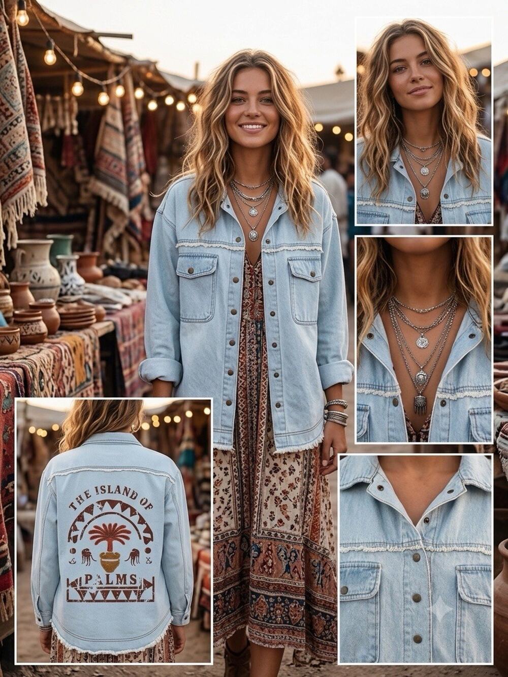 Denim Shirt Button Down Boho Fringe Island Of Palms Embellished Medium